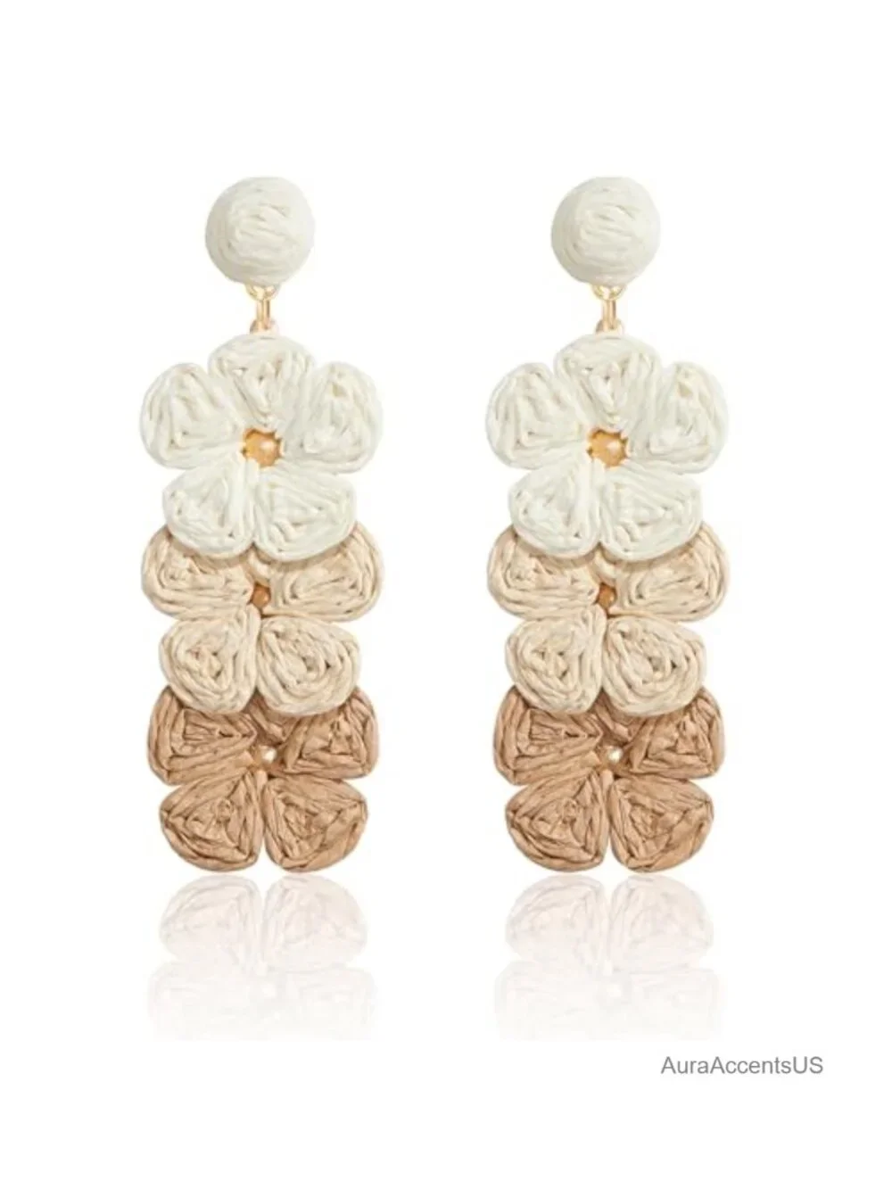 Handmade Raffia Flower Dangle Earrings Boho Statement Straw Rattan Jewelry